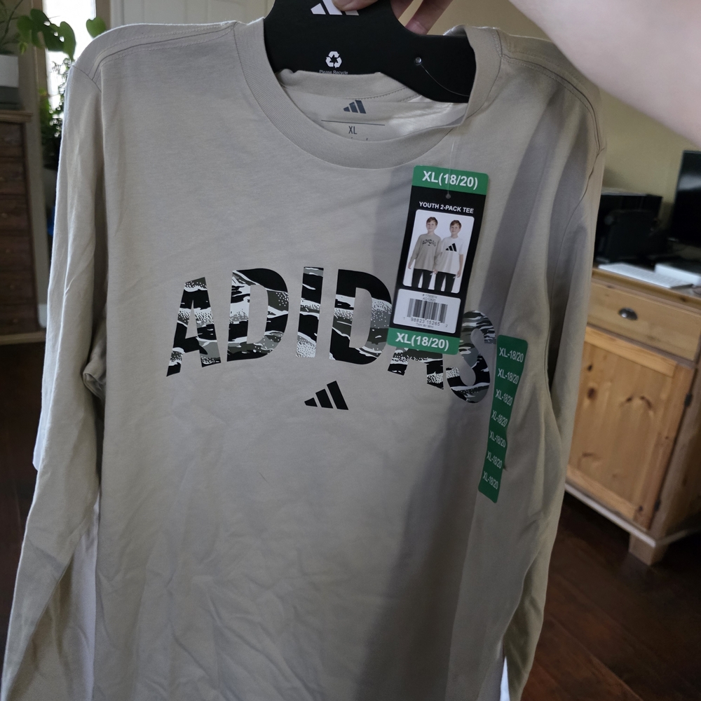 adidas Long-Sleeve Logo Tee in Light Beige with Black Graphic - XL